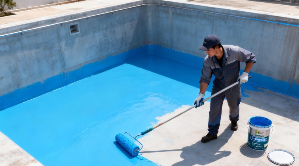 Professional application of Pownice blue liquid waterproofing membrane on a concrete structure